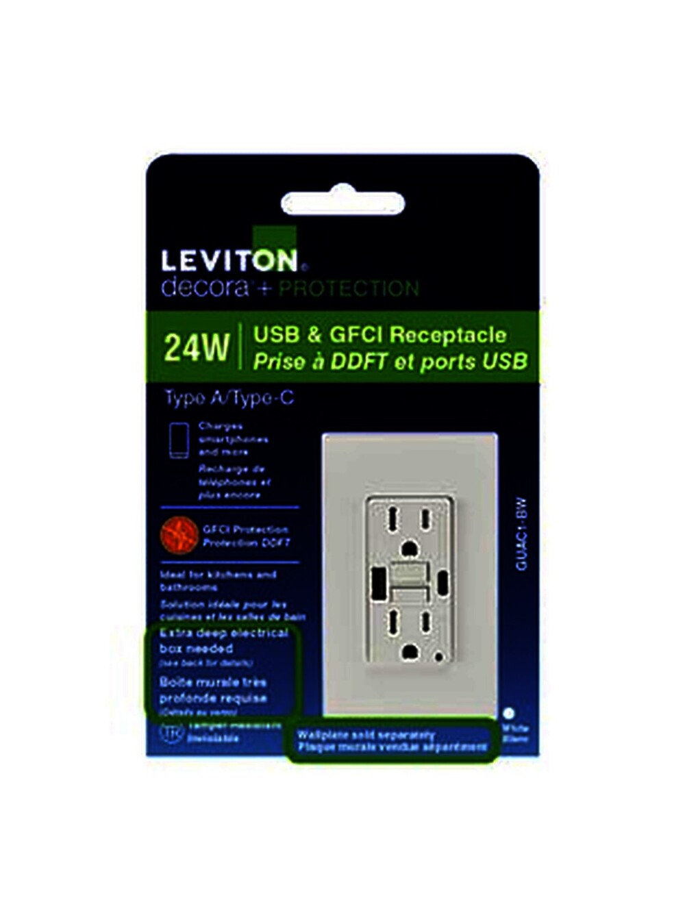 Leviton 15A GFCI Outlet With USB-A / USB-C In-Wall Charger White